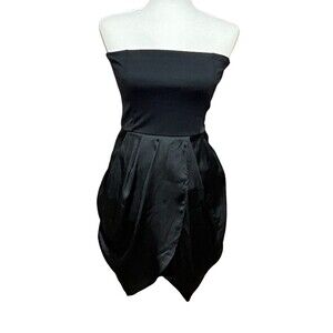 Flounce Strapless Tulip Style Cocktail Party Dress Black Satin Women Sz Small